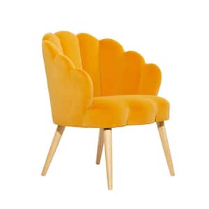 Yellow Upholstered Wood Accent Chair with Scalloped Back