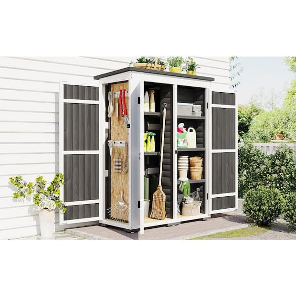 2.1 ft. W x 4.1 ft. D Wood Storage Shed Garden Tool Cabinet with 4-Lockable Doors White and Gray