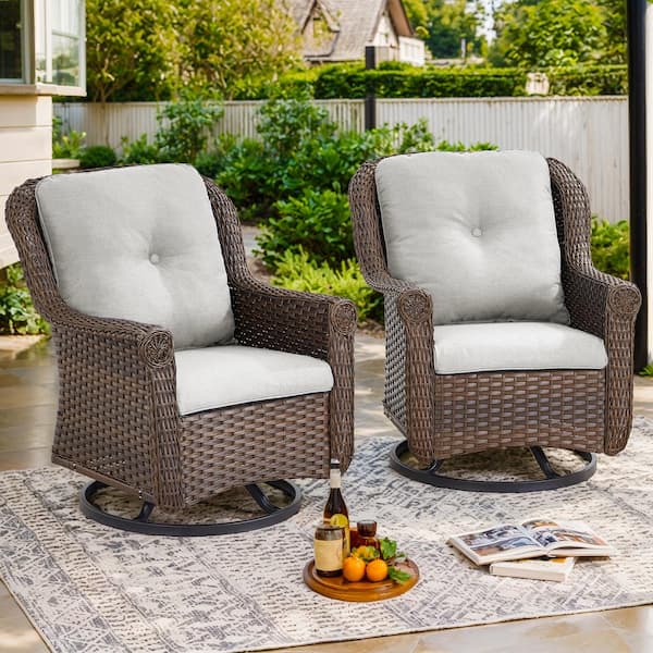 ChrysArm Chrysanthemum 4-Piece Brown Swivel Glider Wicker Outdoor Rocking Chair with Beige Cushions Patio Swivel Chairs