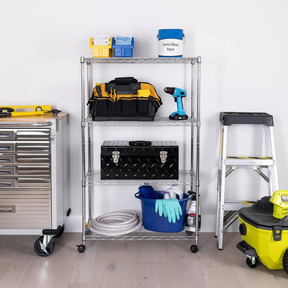 Adjustable 4-Tier Gray Steel Wire Shelving Unit with Wheels