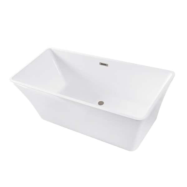 Kingston Brass Aqua Eden 67 in. x 29.5 in. Acrylic Flatbottom Soaking Freestanding Bathtub in Glossy White/Brushed Nickel with Drain