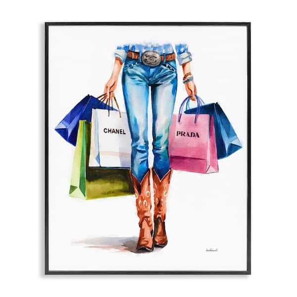 Country Girl Shopping Bags by Amanda Greenwood Black Framed People Giclee Art Print 14 in. x 11 in.