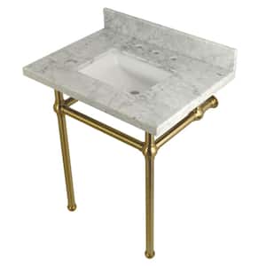 Square Sink Washstand 30 in. Console Table in Carrara with Metal Legs in Brushed Brass