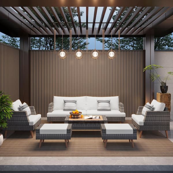 HomeAura 6-Piece Gray Wicker Patio Conversation Set with Beige Cushions and Pillows