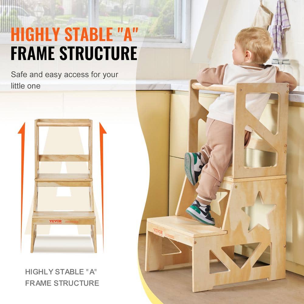 Natural Pine Wood Toddler Step Stool with Safety Rail