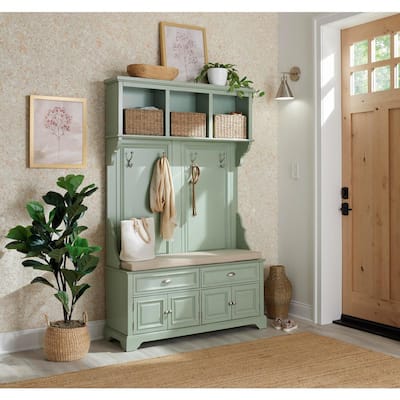 Sadie Antique Green Hall Tree with Cushioned Storage Bench