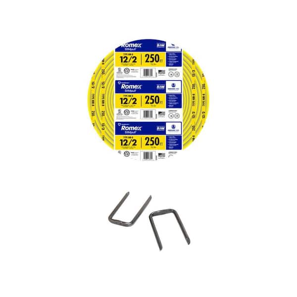 250 ft. 12/2 Solid Romex SIMpull CU NM-B W/G Wire and 1/2 in. Romex Metal Staples Combo (500-Pack)
