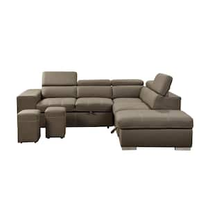 105 in. L Shaped Microfiber Sectional Sofa in Light Brown with Pull-Out Bed, Storage and 2 Stools