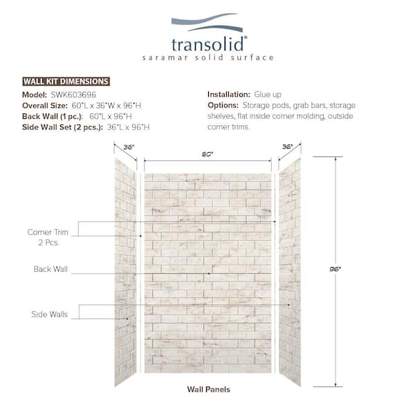 Transolid SWK603696-48 Saramar 36-in x 60-in x 96-in Glue 3-Piece Shower Wall Kit, Biscotti Marble