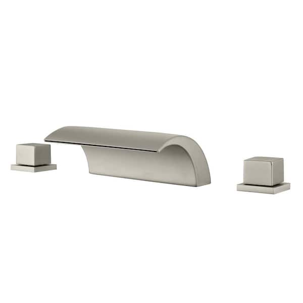 Mondawe 12 in. Waterfall Arc-shaped Widespread Double-Handle Bathroom Faucet Center Widespread Low Arc Faucet in Brushed Nickel