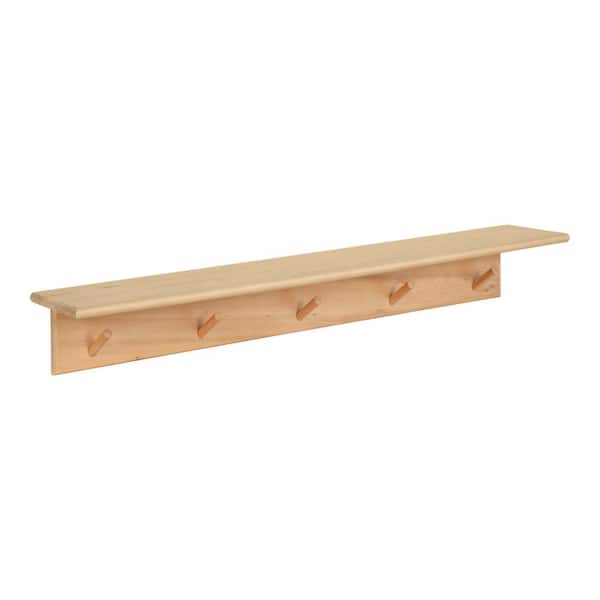 Kate and Laurel Alta 5.00 in. D 35.75 in. W 5.00 in. H Natural Wood Floating Decorative Wall Shelf with Hooks