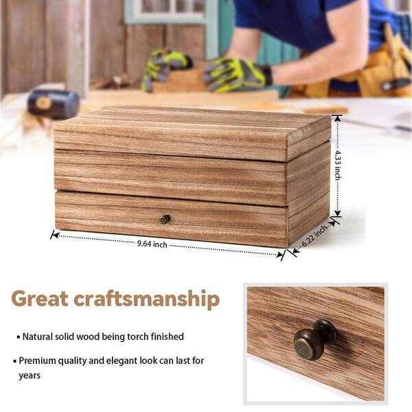 Carbonized Brown 2 Layer Rectangular Rustic Wooden Jewelry Box