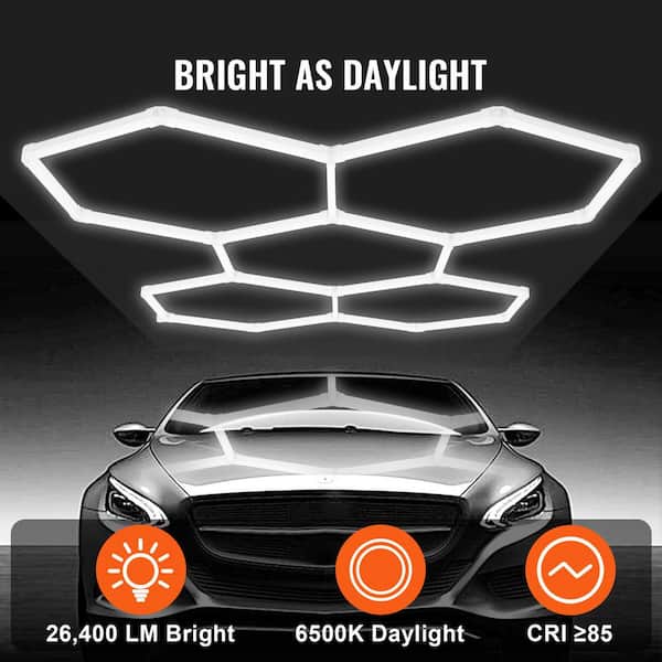 26400LM Hexagonal Garage Light, 6500K Honeycomb LED Ceiling Fixtures, 5-Unit DIY Lighting for Garage Basement Workshops