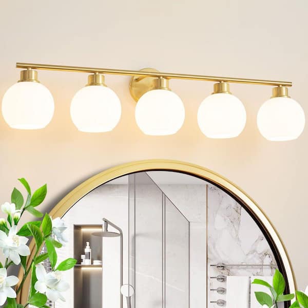 Modern 38.98 in. 5-Light Gold Bathroom Vanity Light Interior Powder Room LED Lighting with Opal Glass Globe Shades