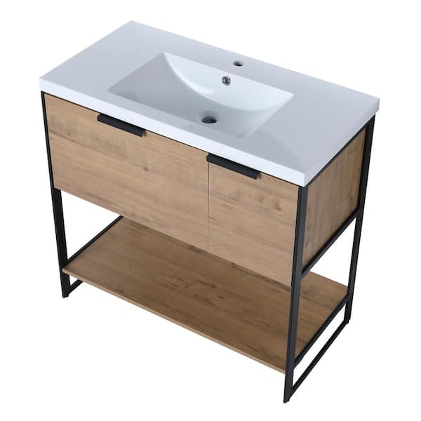 ANTFURN 18.10 in. W x 35.40 in. D x 34.30 in. H Freestanding Bath Vanity in Imitative Oak with White Ceramic Top