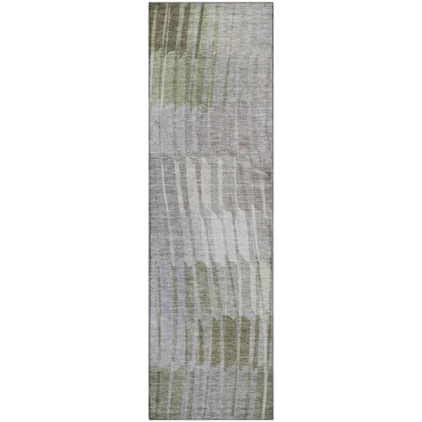 Mayfield Premium Machine Washable Abstract AMF2271 Olive 2 ft. x 7 ft. Runner Rug