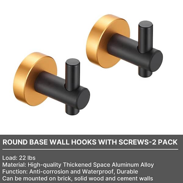 Round Base Bathroom Knob Robe/Towel Hook Wall Hook in Black Gold, Anti-corrosion and Waterproof (2-Pack)