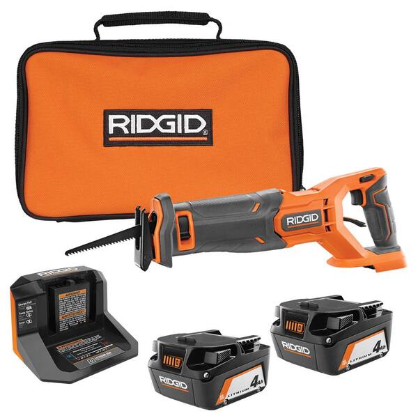 RIDGID 18V Cordless Reciprocating Saw with (2) 4.0 Ah Batteries, 18V Charger, and Bag