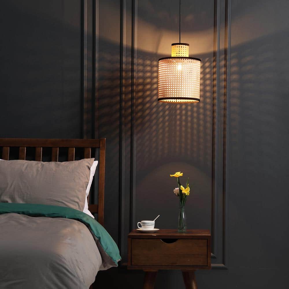 Bohemian Black Mini Pendant with Velvet-Stitched PVC Rattan Shade