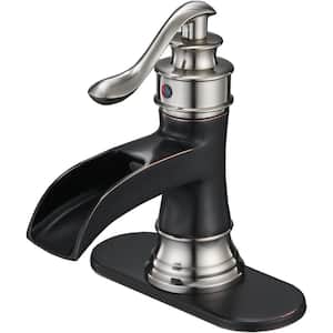 1-Piece Waterfall Bathroom Faucet Single Hole Oil Rubbed Bronze with Brushed Nickel for Bathroom Sink-Word