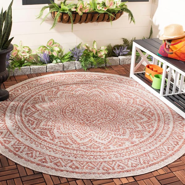 Courtyard Light Beige/Terracotta 7 ft. x 7 ft. Round Border Indoor/Outdoor Patio  Area Rug