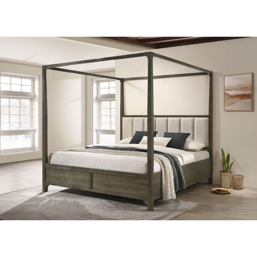 Dark Cocoa Queen Canopy Bed with Upholstered Headboard and Drawer