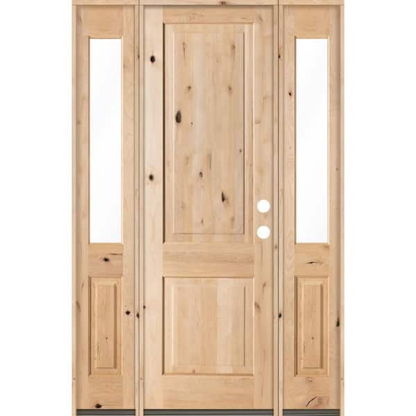 Krosswood Doors 58 in. x 96 in. Rustic Unfinished Knotty Alder Square-Top Wood Left-Hand Half Sidelites Clear Glass Prehung Front Door
