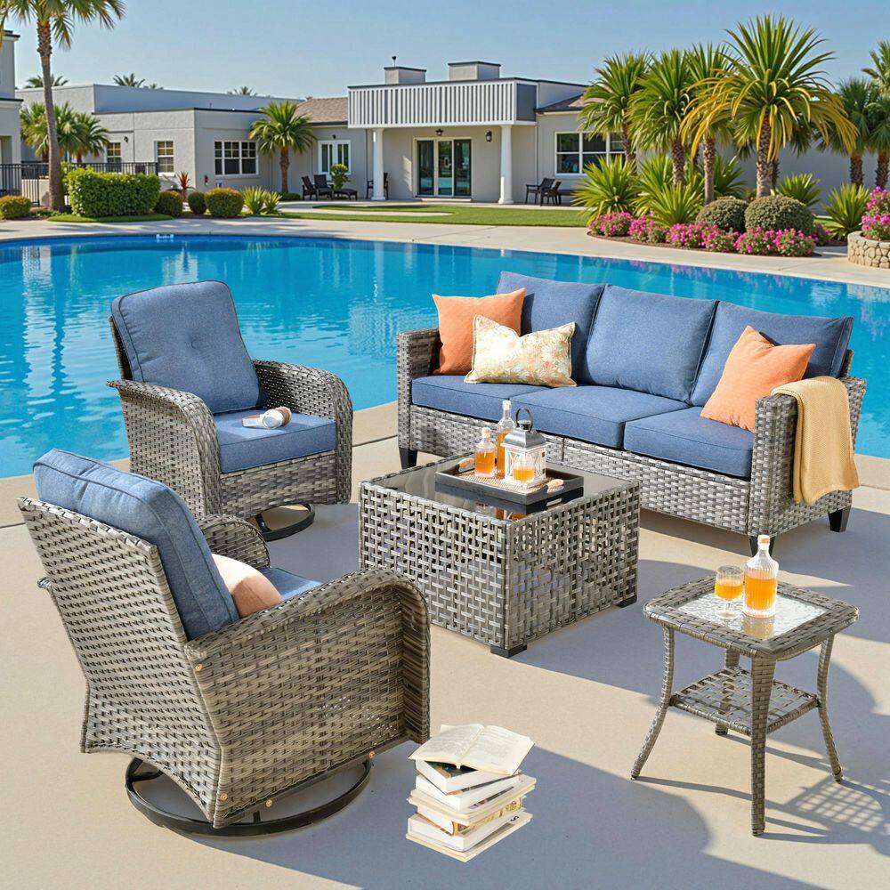 Thallo Gray 5-Piece Wicker Outdoor Sectional Patio Conversation Set with Denim Blue Cushions, Rocking Chair and Ottomans