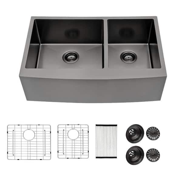 36 in. Apron-Front Farmhouse Double Bowl 60/40 16-Gauge Gunmetal Black Stainless Steel Kitchen Sink