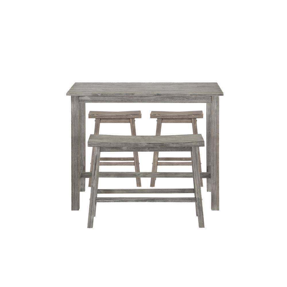 Storm Gray 4-Piece Solid Acacia Wood Pub Set with Saddle Stools