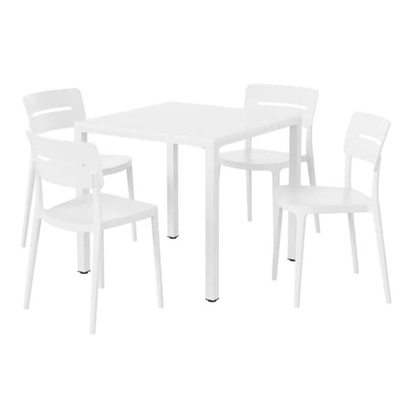 Frond and Form Outdoor Patio Modern 5-Piece Dining Set w/ Square Metal Frame Table and Stackable Plastic Chairs, White