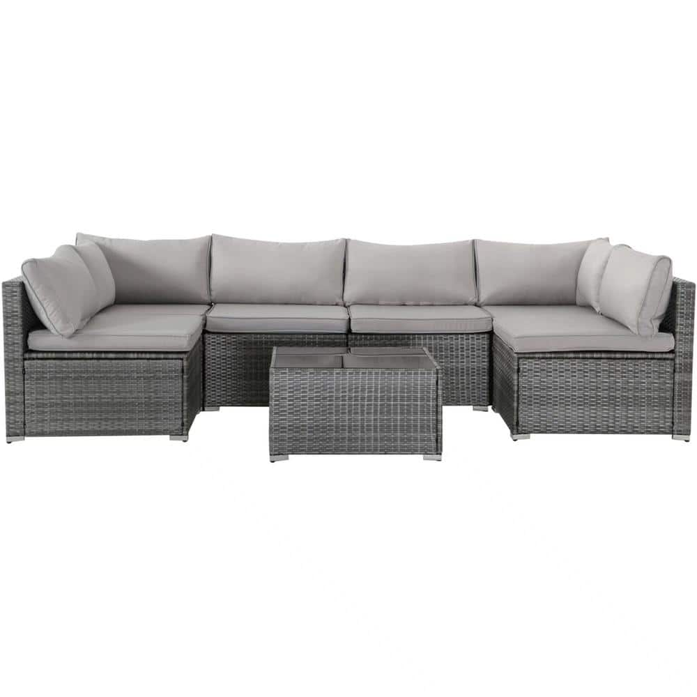 JUSKYS All Weather 7-Piece Gray PE Wicker Patio Conversation Set with ...