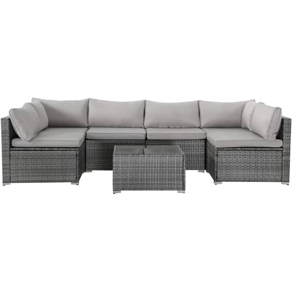 JUSKYS All Weather 7-Piece Gray PE Wicker Patio Conversation Set with Smoke Gray Cushions