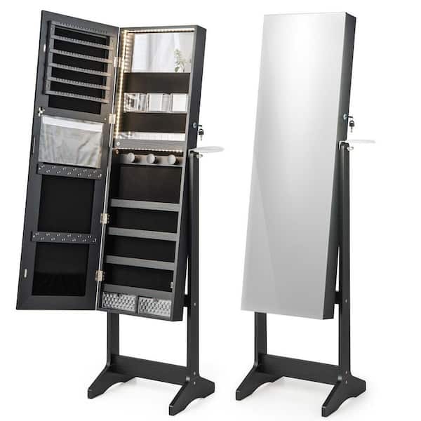 Mecale 16 in. x 61.5 in. Black MDF Freestanding Mirrored Jewelry Cabinet Storage Organizer Armoire with Drawers