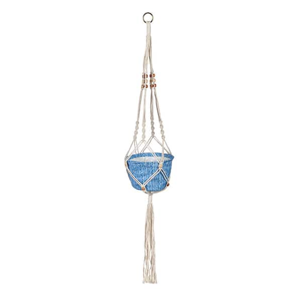 Evergreen 7 in. Blue Olivia Fabric Hanging Basket Planter with Macrame Holder