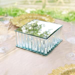 1-Tier Clear Square Mirror LED Fairy Light Up Glass Columns Cake Stand Dessert Display Tray 8 in.