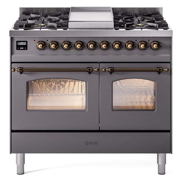 ILVE Nostalgie II 40 in. 6-Burner plus Griddle Double Oven Liquid Propane Dual Fuel Range in Matte Graphite with Bronze