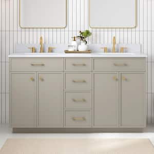 Marcote 60 in. Double Sink Greige Bath Vanity with White Volakas Engineered Marble Top (Assembled)