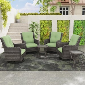 6-Piece Wicker Patio Conversation Set Swivel Rocking Chairs with Green Cushions