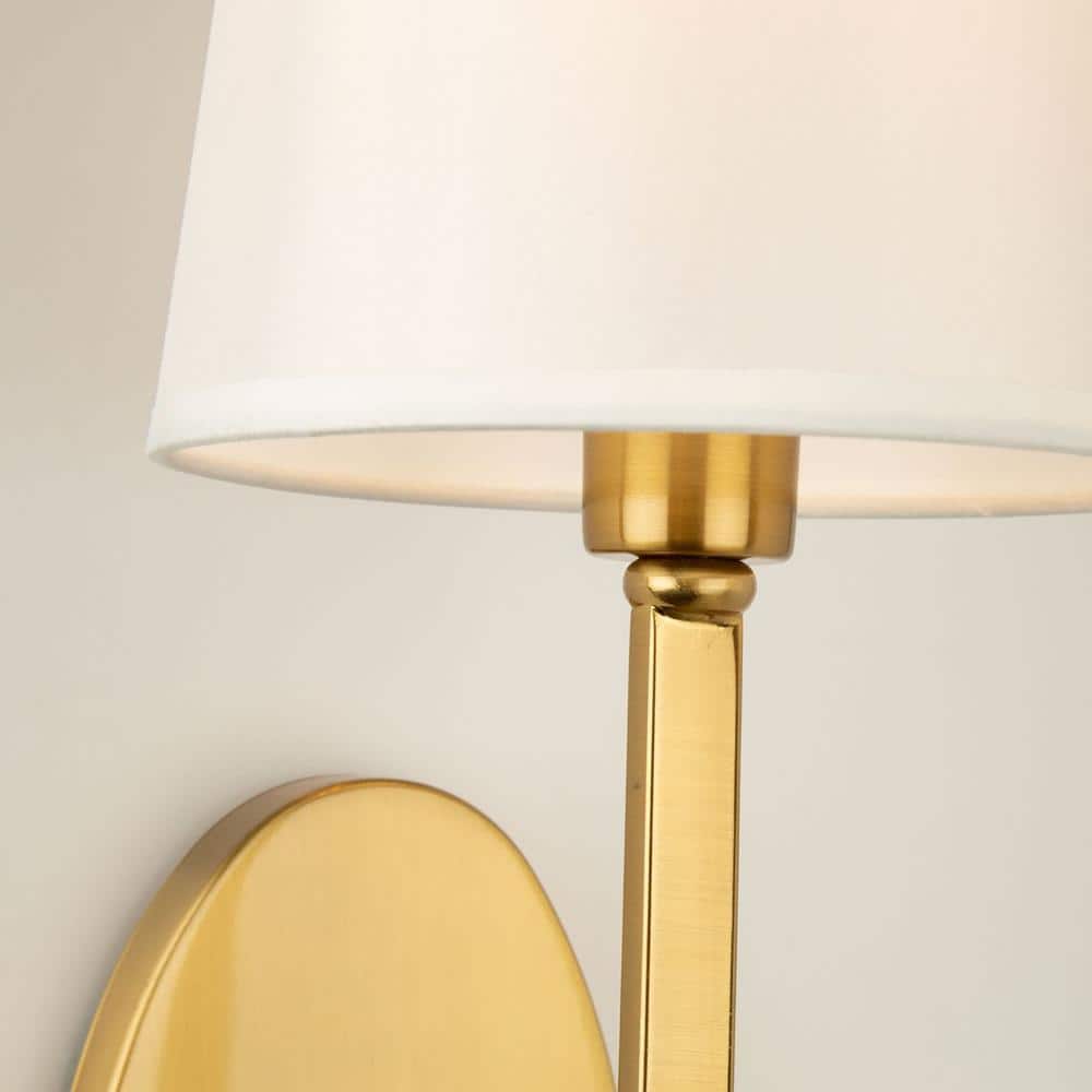 Brushed Gold Cylinder Sconce with White Linen Shade