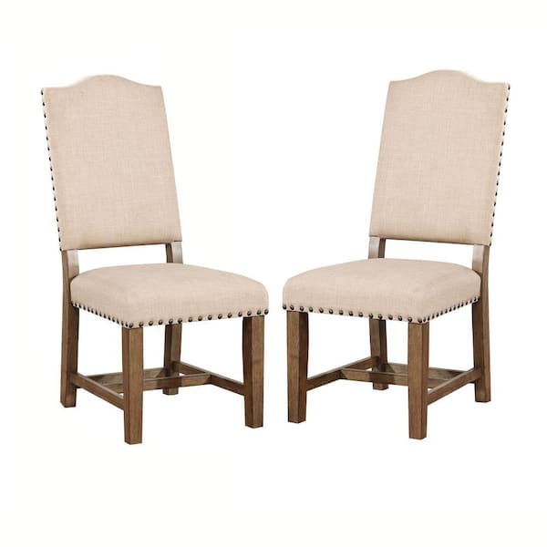Benjara Fabric Upholstered Beige and Brown Solid Wood Side Chair (Pack of 2)