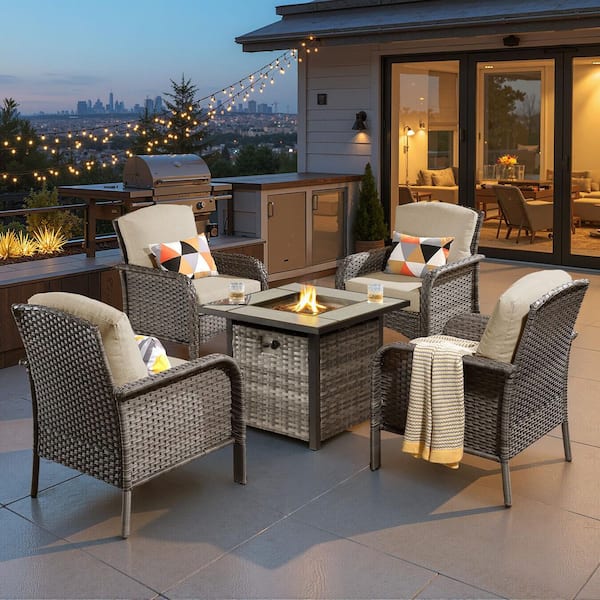 Citrus 5 Pieces Wicker Outdoor Patio Square Fire Pit Set with Beige Cushions
