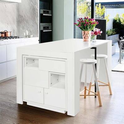 Multipurpose Rectangular White Dining Table Adjustable Table Side Table Counter Storage Table with Drawers and Shelves