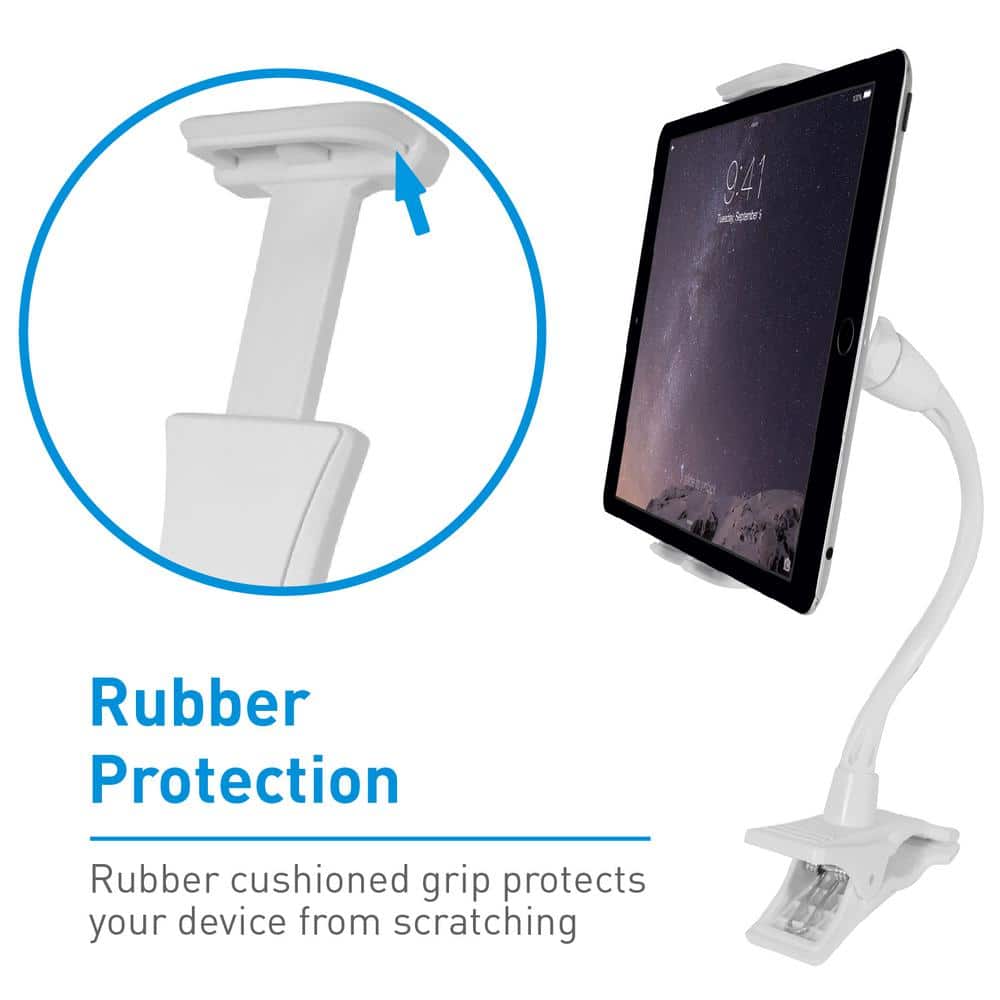 White Adjustable Gooseneck Clip Mount for Phones and Tablets