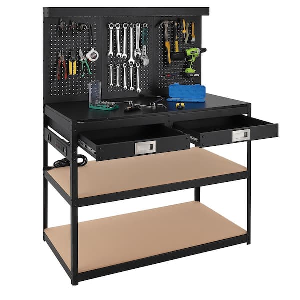 48" 3-Tier Steel Workbench with Pegboard, 2 Drawers,Hardwood Top, Integrated Power Outlet for Garage, Workshop,Basement