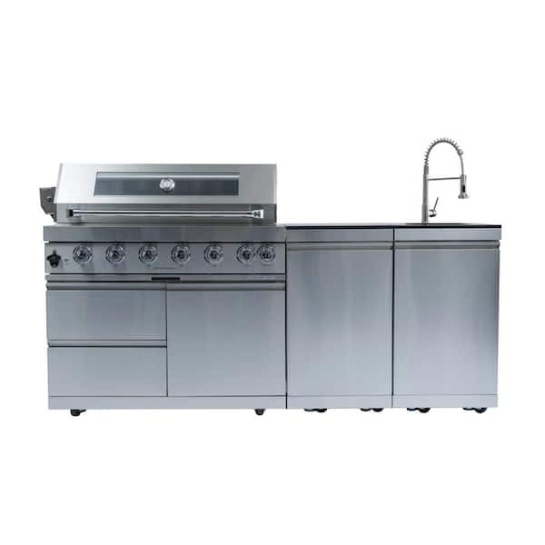 43 in. 6-Burner 85000 BTU Stainless Steel Outdoor Gas Grill with Granite Countertops, Storage Cabinets, Sink