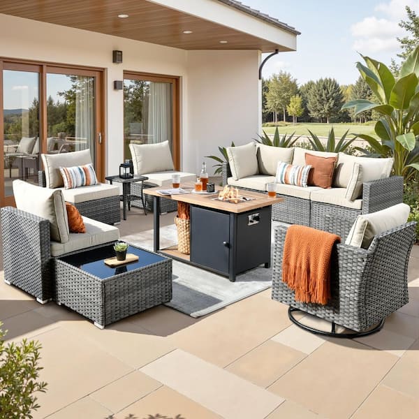Toject Sanibel Gray 10-Piece Wicker Patio Conversation Sofa Set with a Swivel Chair, a Storage Fire Pit and Beige Cushions