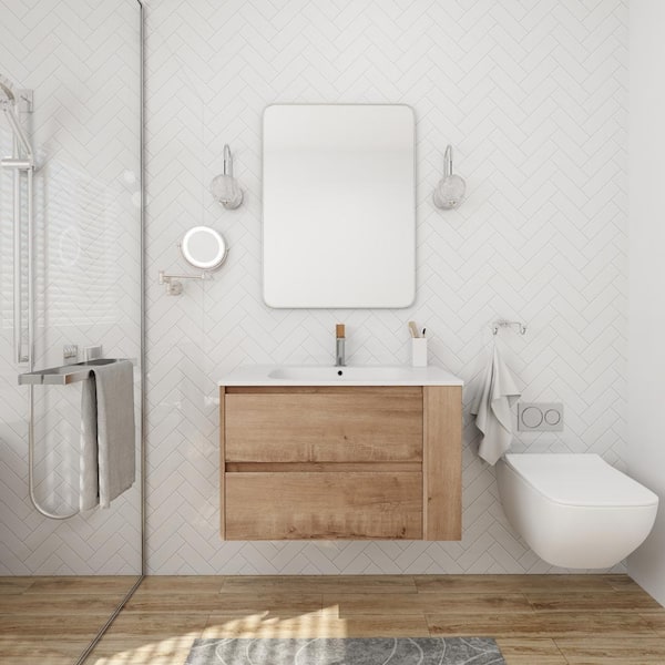 Unbranded 30 in. W x 18 in. D x 19 in. H Wall Mounted Bath Vanity in Imitative Oak with White Cultured Marble Top