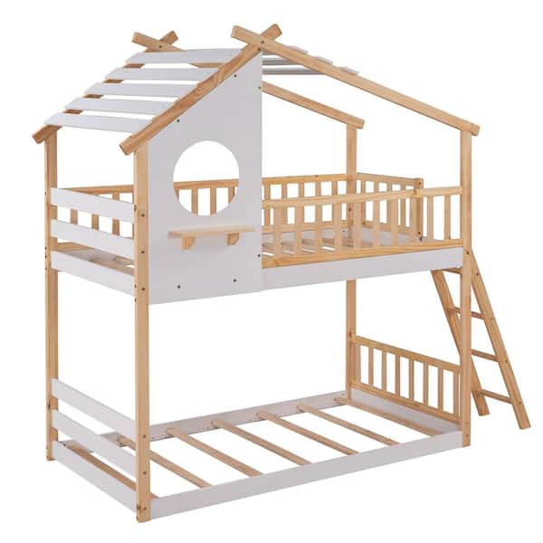 URTR Natural Twin Over Twin House Bunk Bed with Roof, Wood Low House Bunk Bed with Window, Ladder for Kids