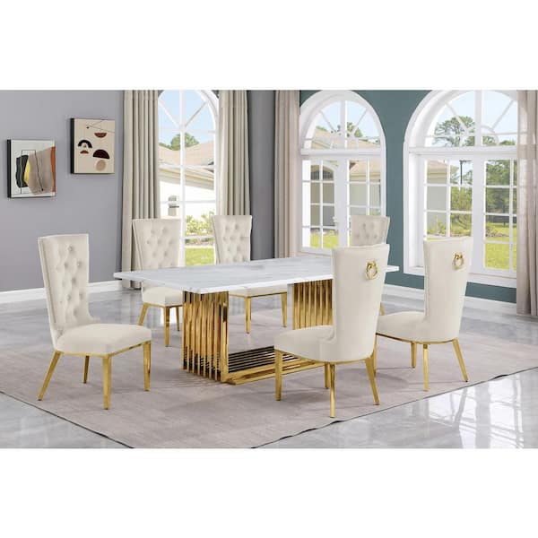 Best Quality Furniture Lisa 7-Piece Rectangular White Marble Top Gold Stainless Steel Base Dining Set With 6-Cream Velvet Fabric Chairs
